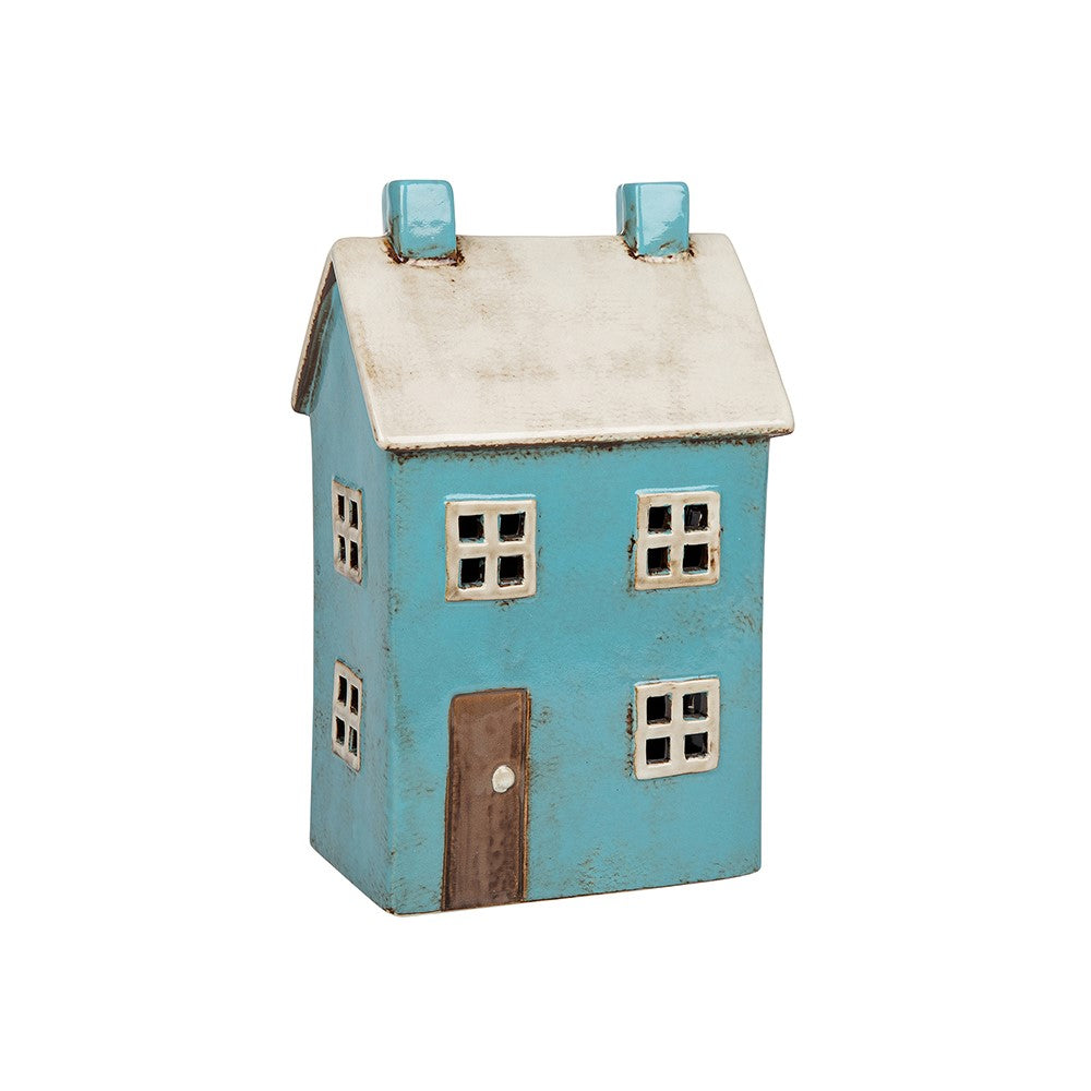 Village Pottery Ceramic Teal House Candle & Tea Light Holder
