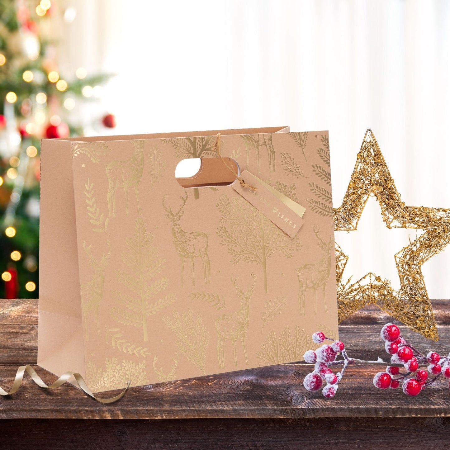 Eco-Friendly Gold Stag Large Kraft Christmas Gift Bag Xmas Gifting Accessory
