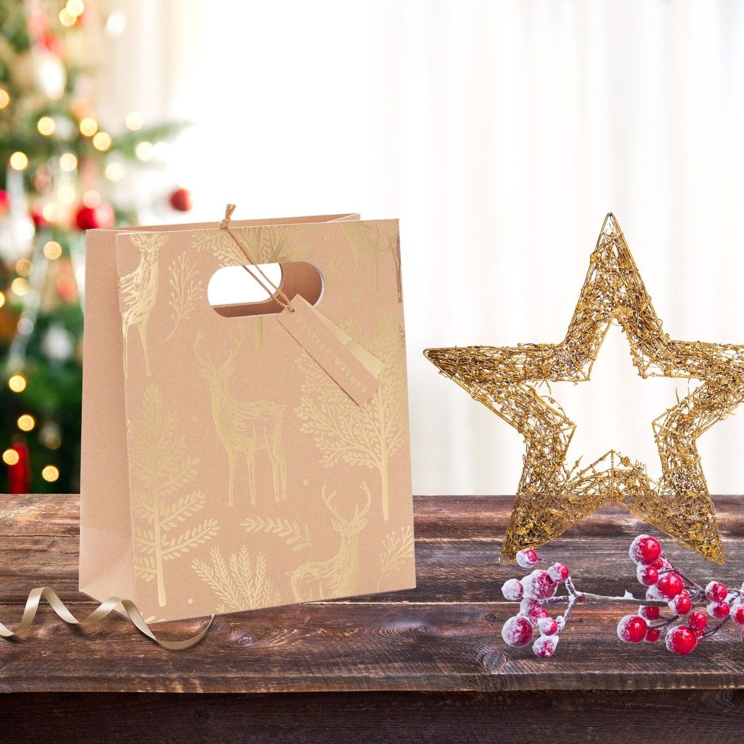 Eco-Friendly Gold Stag Medium Kraft Christmas Gift Bag Xmas Gifting Accessory