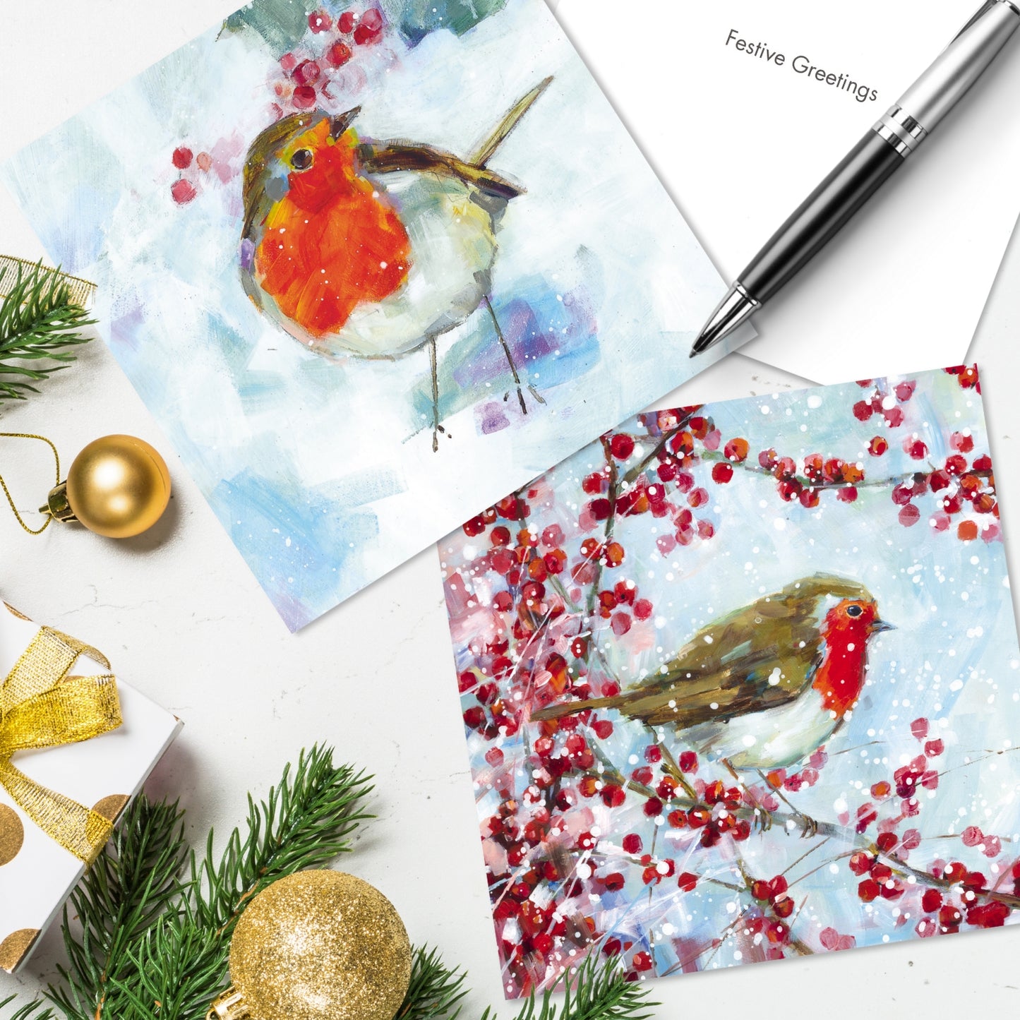 Box of 16 Red Robin & Berries Christmas Cards In 2 Designs