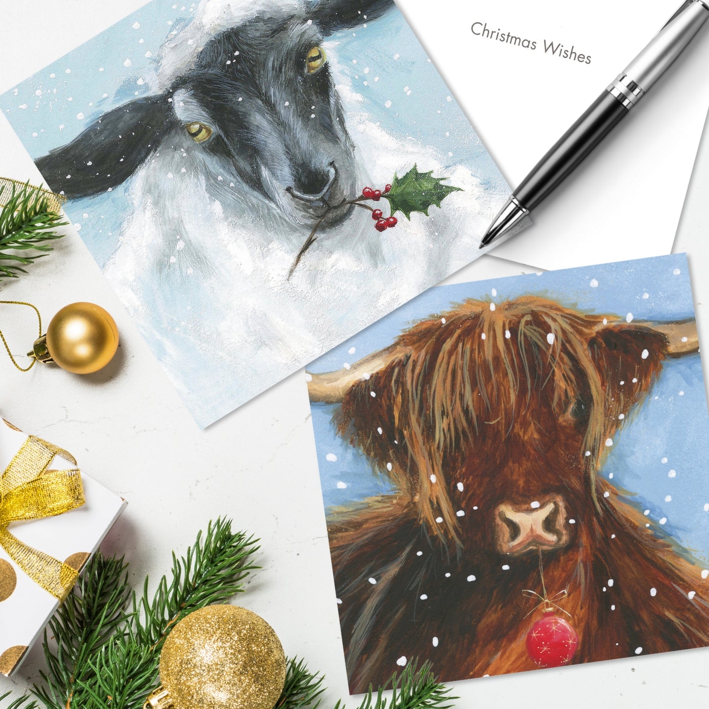 Box of 16 Ewe & Moo Cattle & Sheep Christmas Cards In 2 Designs