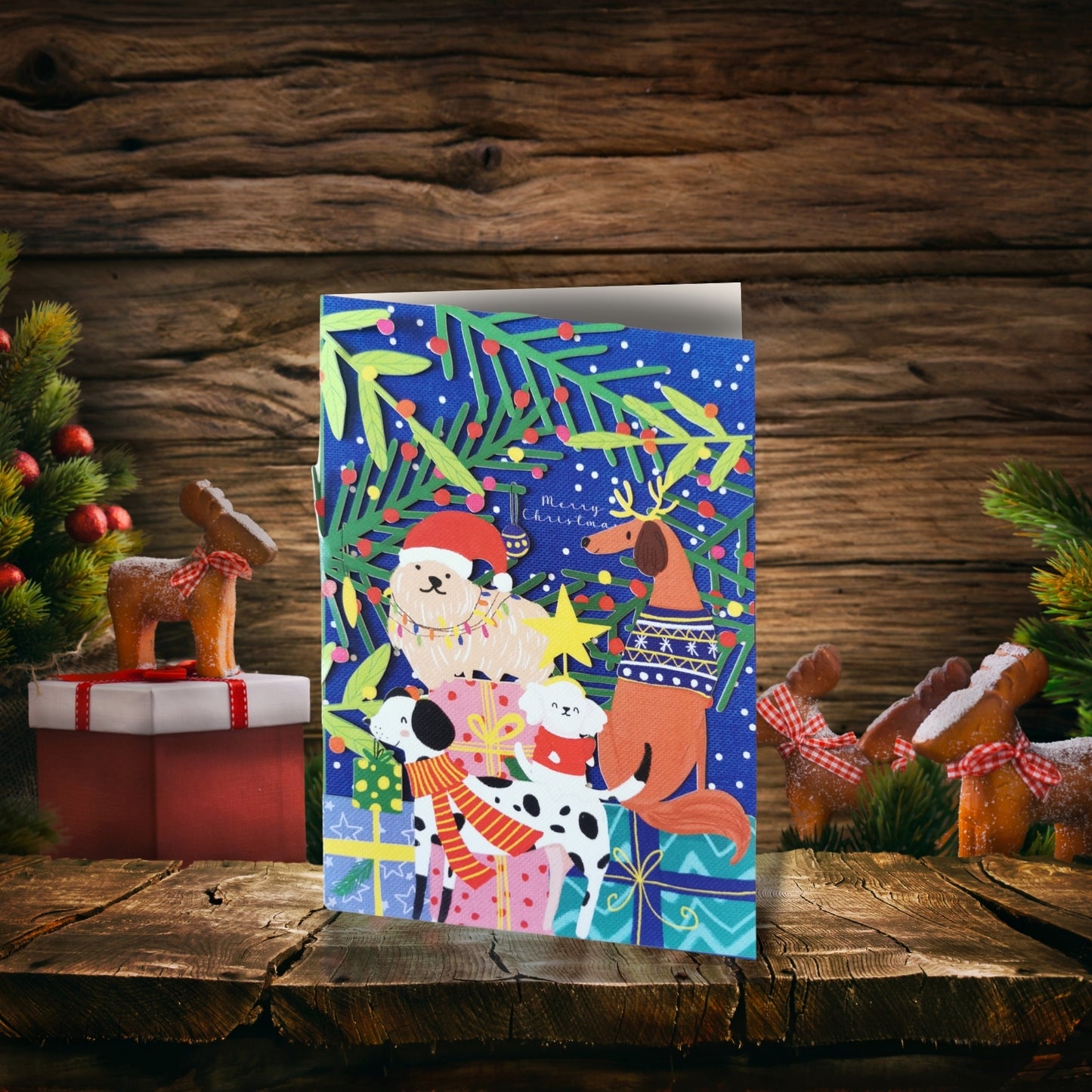 Paper Cut Art Merry Christmas Dogs Laser Cut Christmas Greeting Card