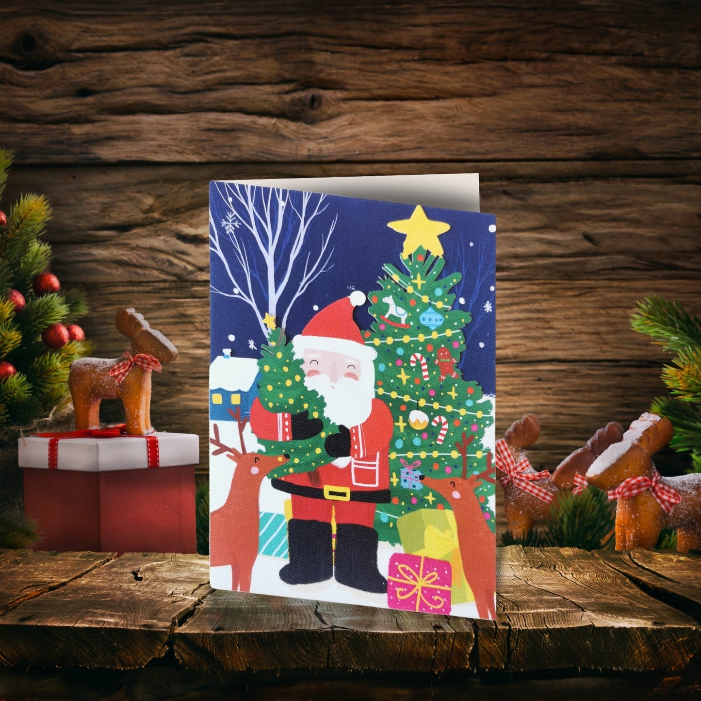 Paper Cut Art Santa, Reindeer & Christmas Laser Cut Greeting Card