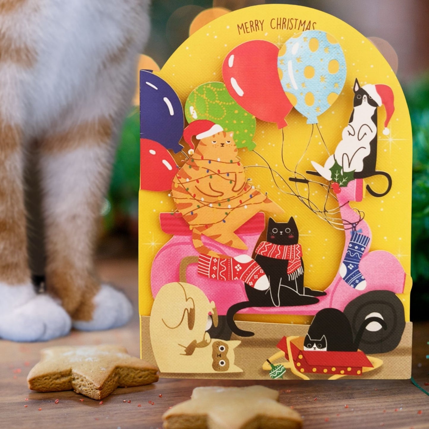 Paper Cut Art Christmas Card Laser Cut Cats On Pink Scooter Xmas Greeting Cards