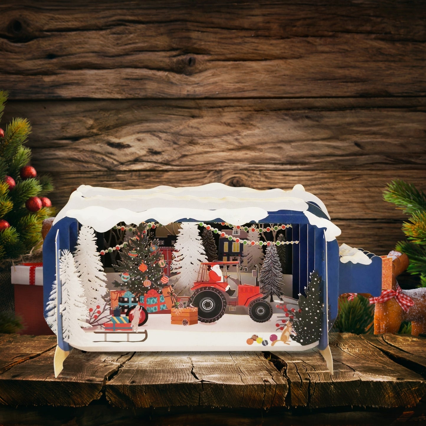 Message In A Bottle Santa Driving A Red Tractor Pop Up Christmas Greeting Card