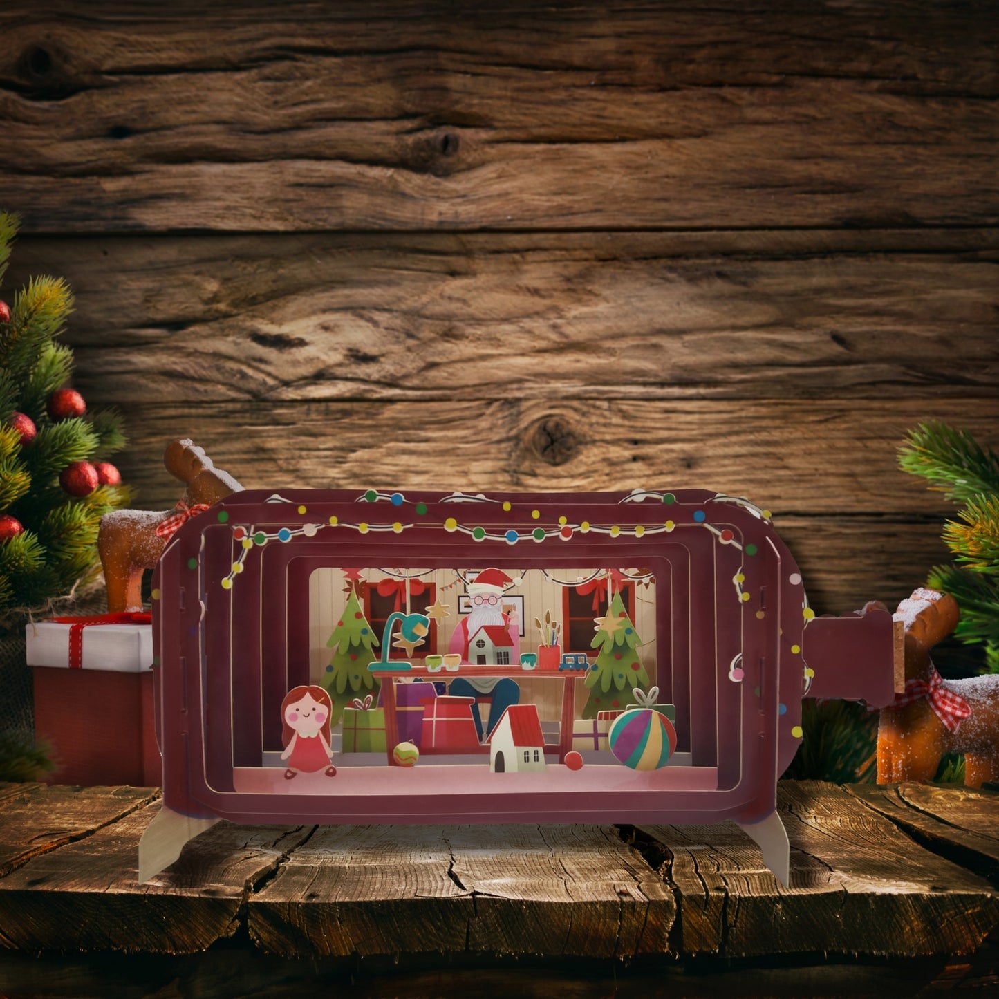 Message In A Bottle Santa's Toy Workshop Pop Up Christmas Greeting Card
