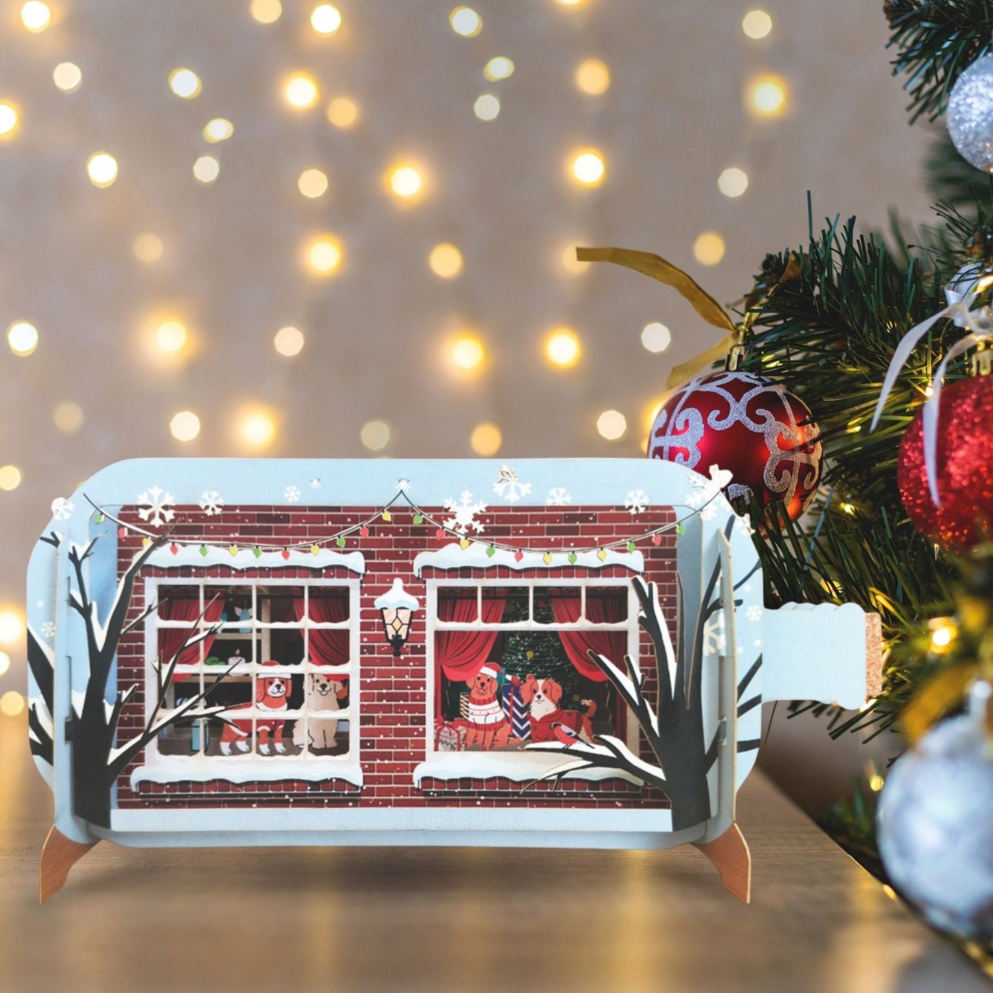 Message In A Bottle 3D Pop Up Christmas Card Festive Dogs At Window Xmas Cards