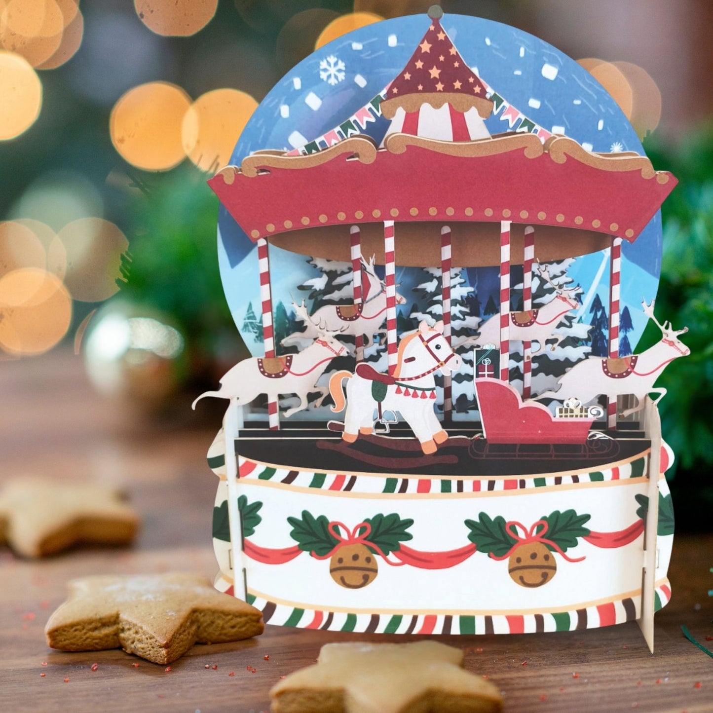 Pop Up 3D Christmas Card Festive Snowy Carousel Freestanding Xmas Greeting Cards