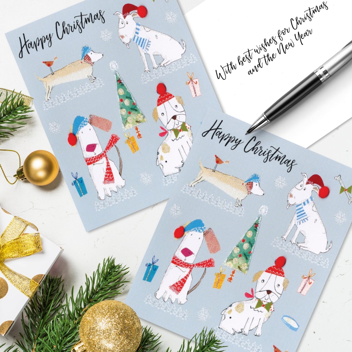 Box of 5 Dogs Wearing Santa Hats Hand-Finished Christmas Cards