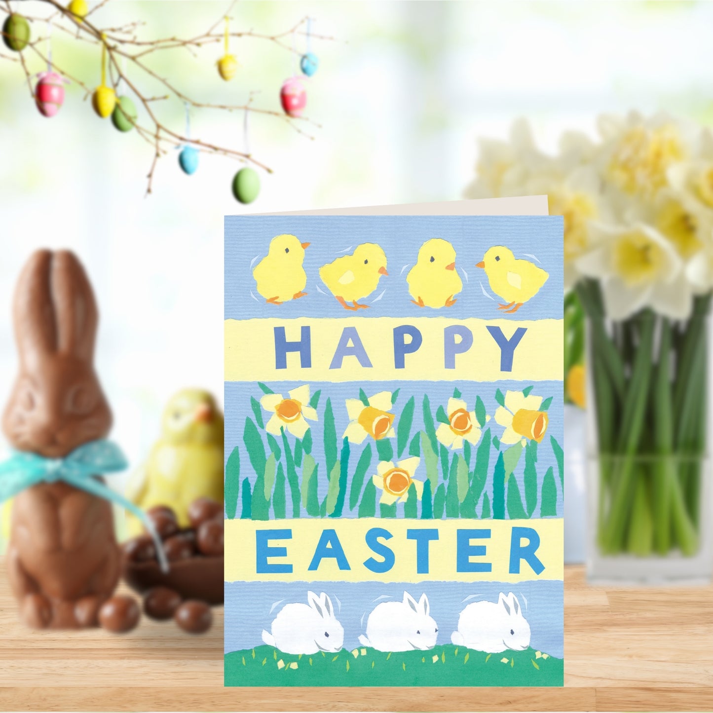 Happy Easter Chicks, Daffodils & Rabbits Illustrated Easter Greeting Card