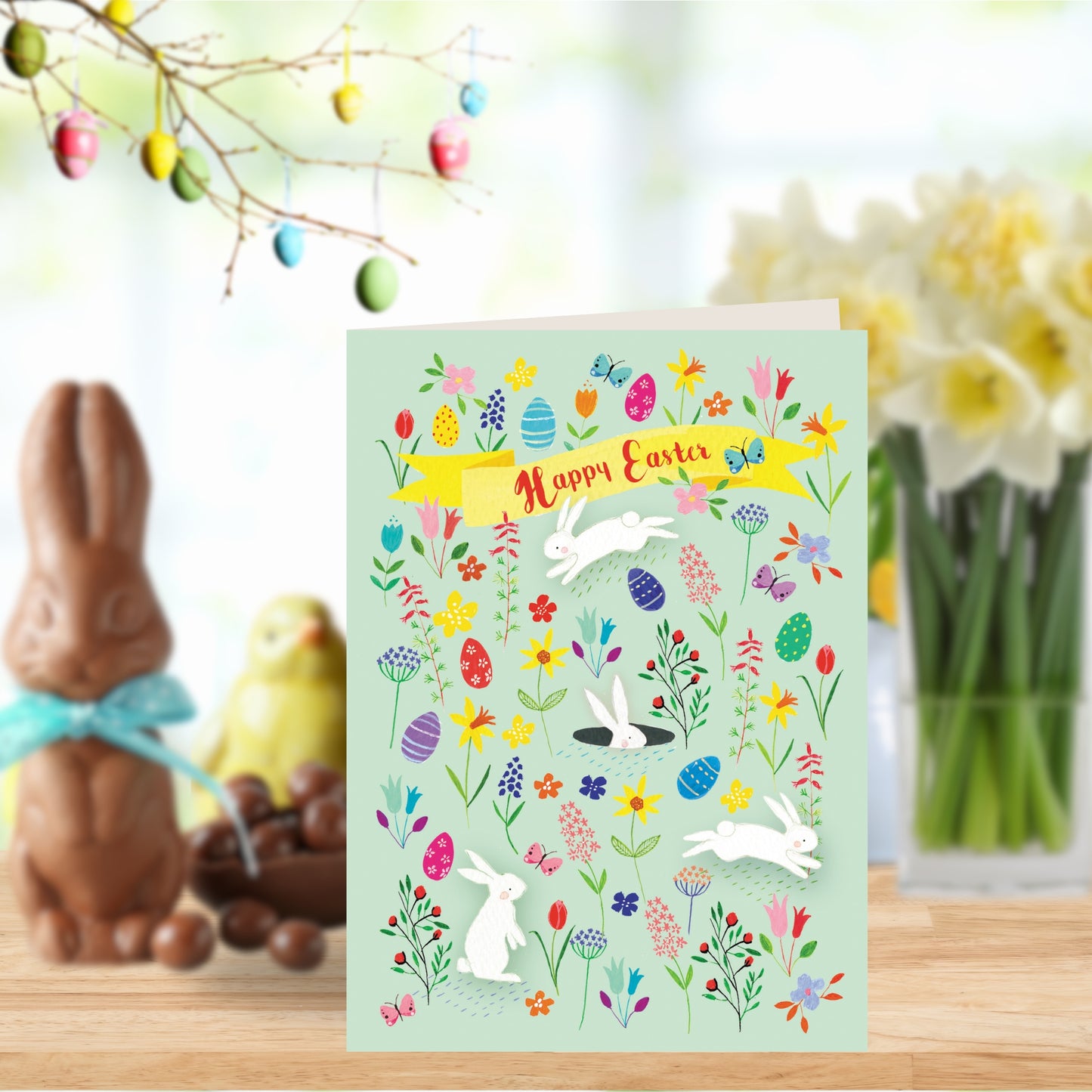 Happy Easter Jumping Bunny In A Meadow Traditional Greeting Card