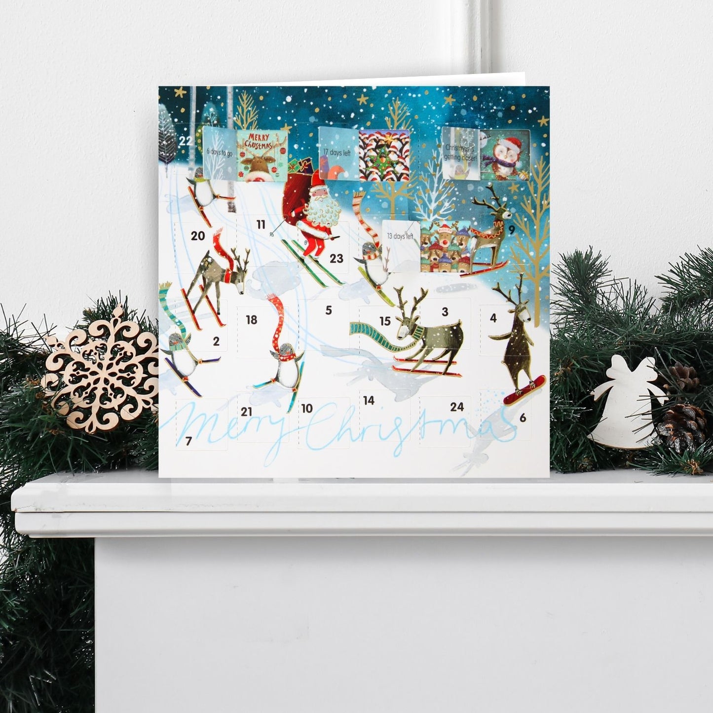 Advent Christmas Card Santa Reindeers Skiing Calendar Xmas Countdown Card