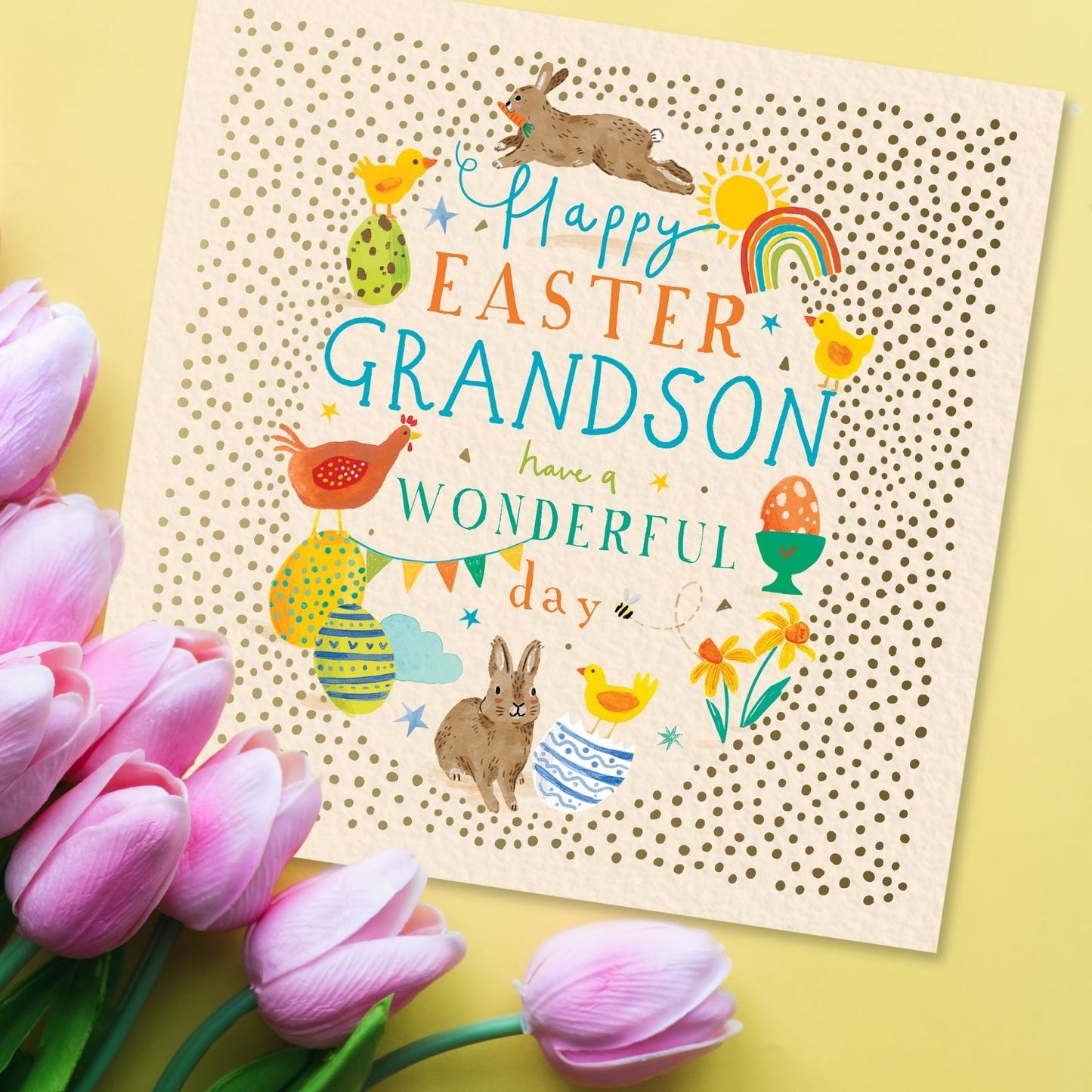 Happy Easter Grandson Eggscellent Bunnies Artistic Easter Greeting Card!