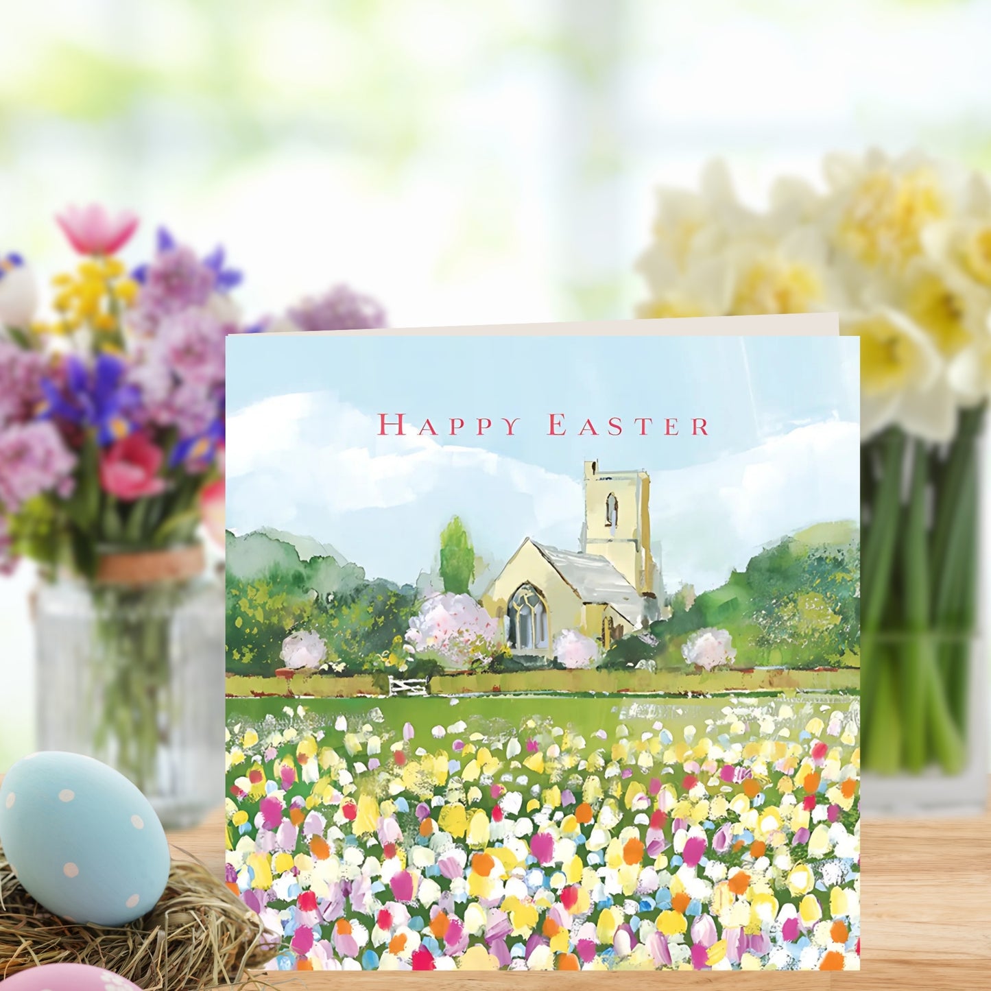 Happy Easter Spring Church View Mini Easter Card