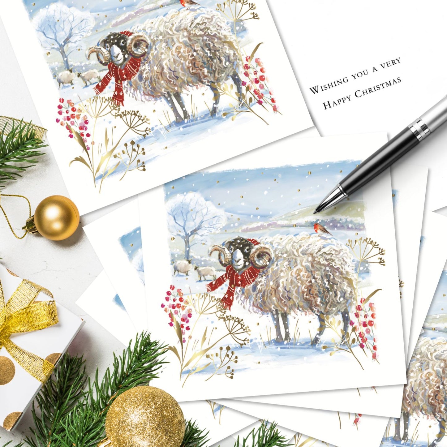 Box of 10 Festive Ram & Robin Gold Foiled Christmas Cards