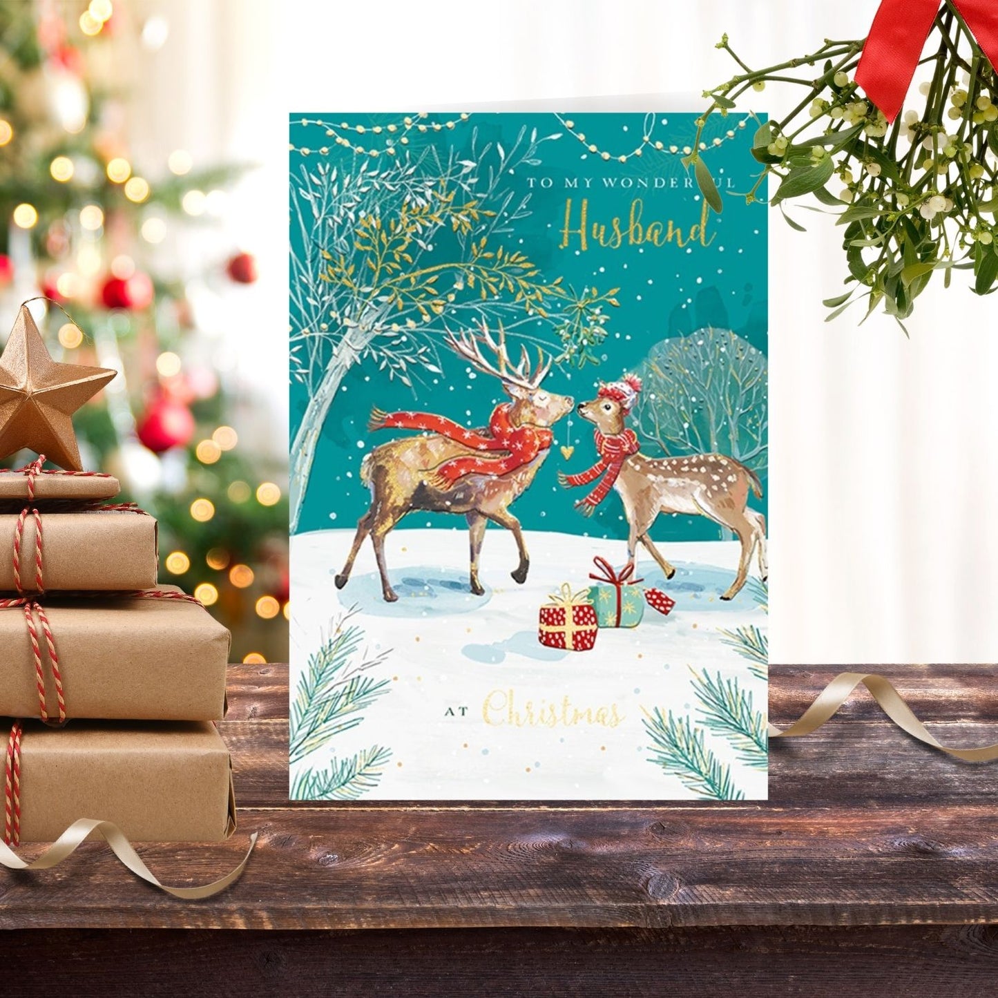 The Wildlife Wonderful Husband Snowy Deer Kiss Artistic Christmas Greeting Card