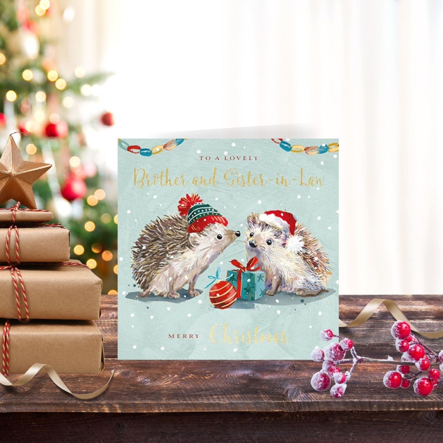 The Wildlife Brother & Sister-In-Law Hedgehogs Artistic Christmas Greeting Card