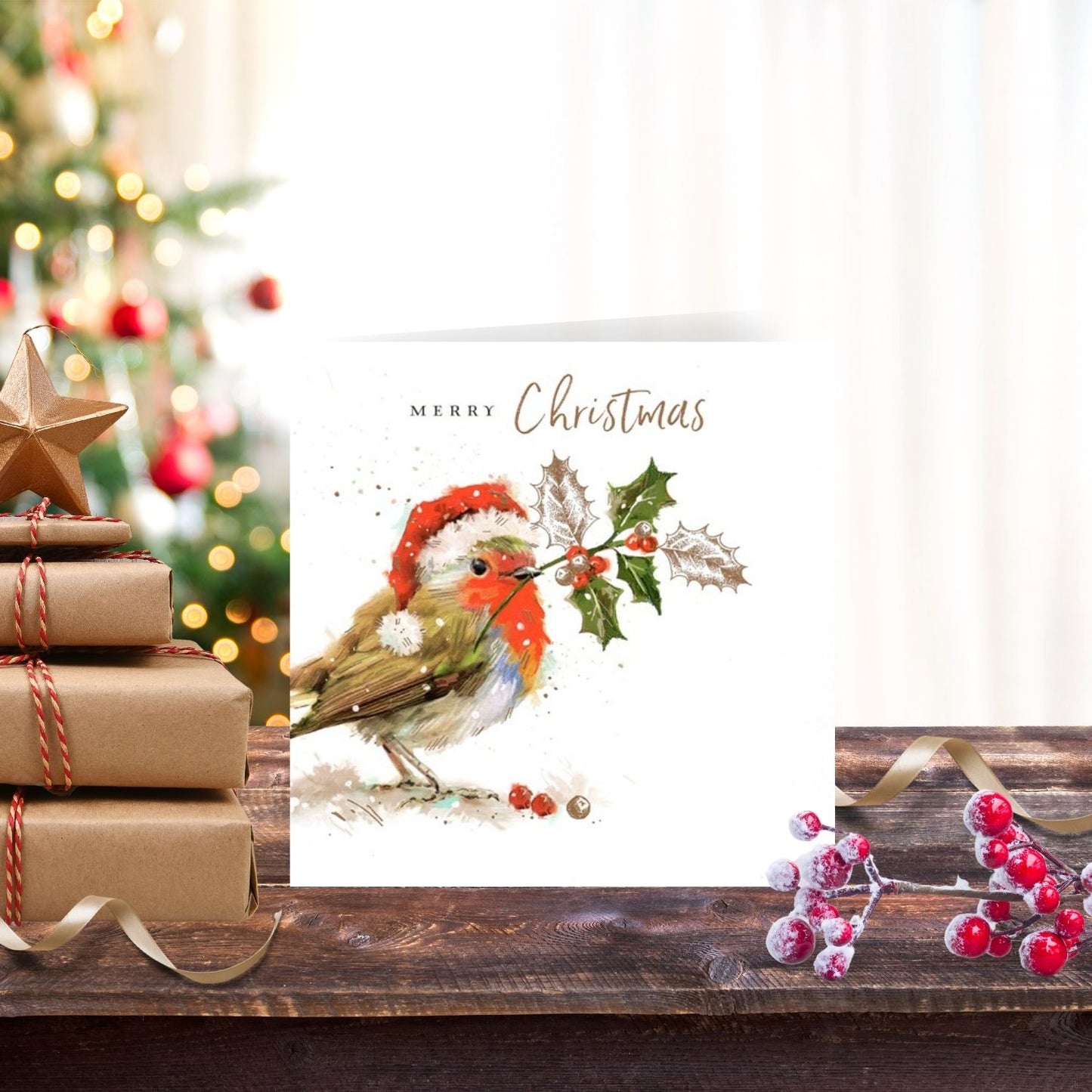 Merry Christmas Festive Jolly Holly Robin Artistic Single Christmas Card