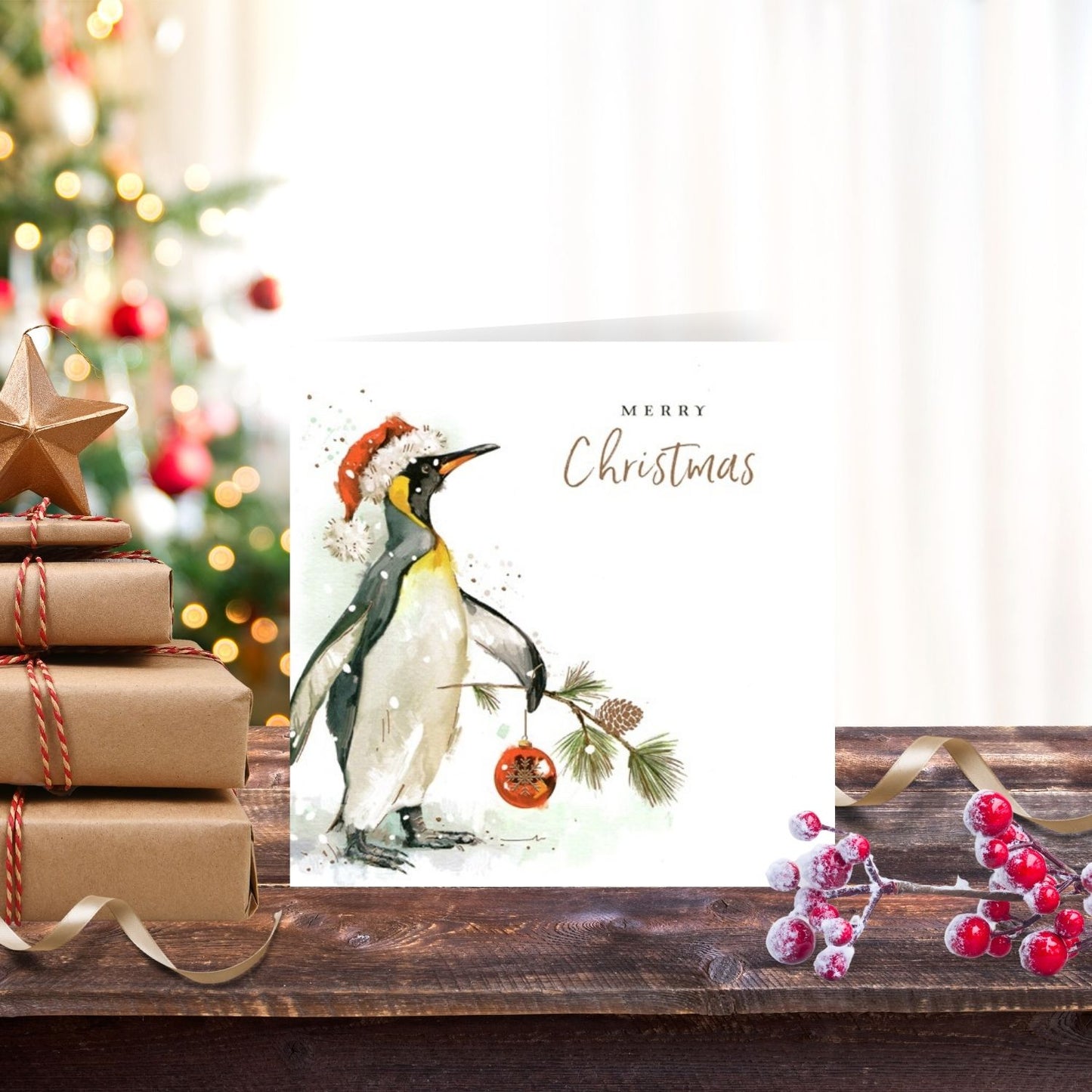 Merry Christmas Festive Jolly Penguin Artistic Single Christmas Card