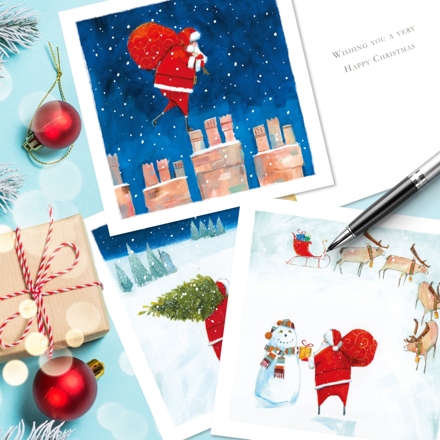 Box of 12 Assorted Santa's Busy Xmas Eve Square Christmas Cards