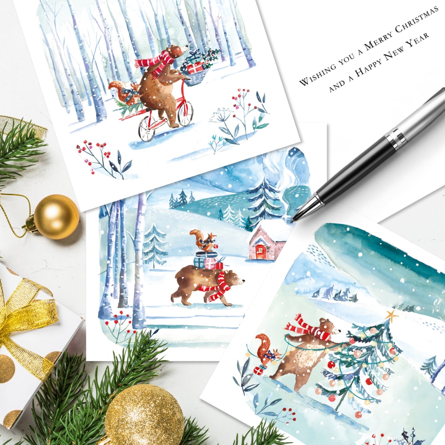 Box of 12 Xmas Brown Bear Assorted Christmas Cards