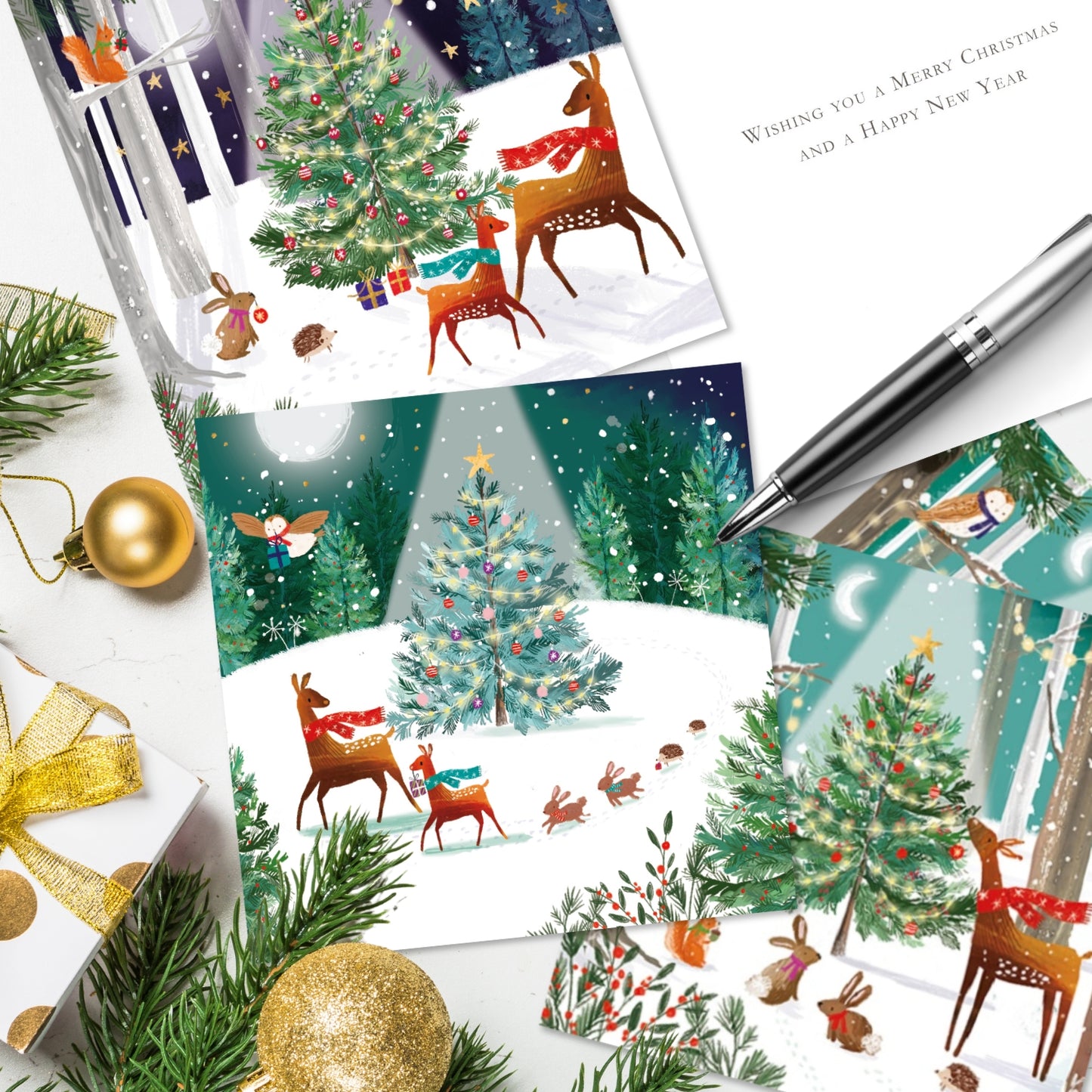 Box of 12 Assorted Xmas Tree Scenes Square Christmas Cards