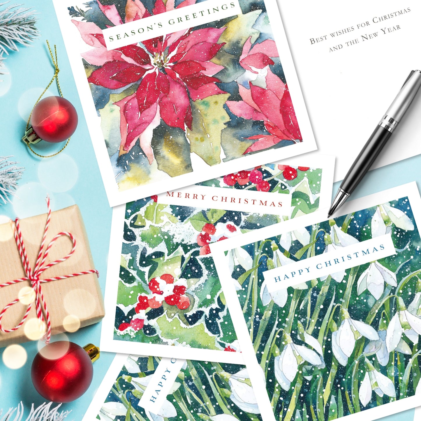 Box of 12 Assorted Festive Flora & Fauna Square Christmas Cards