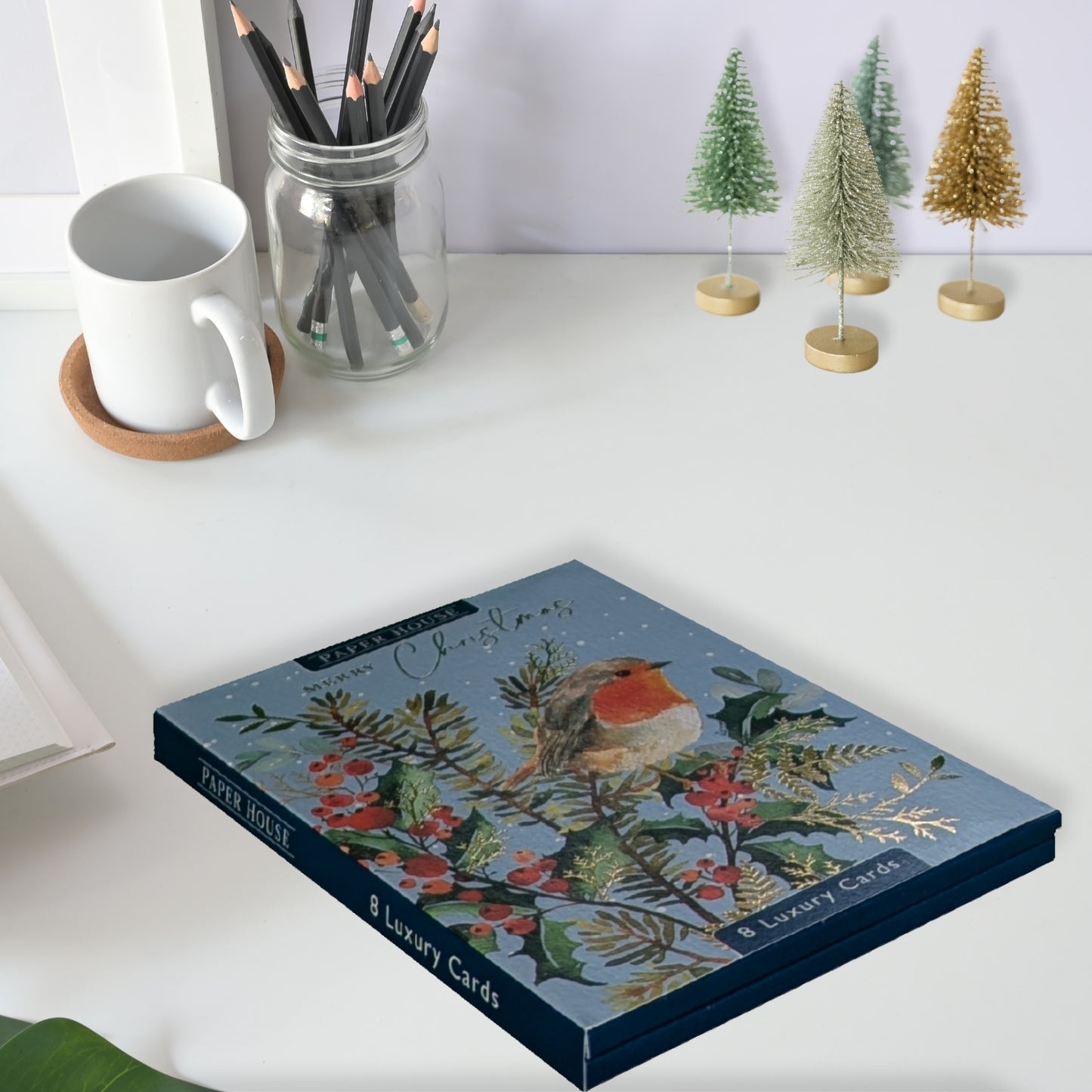 Box Of 8 Paper House Robin-Tastic Xmas Blooms Christmas Cards In 2 Designs