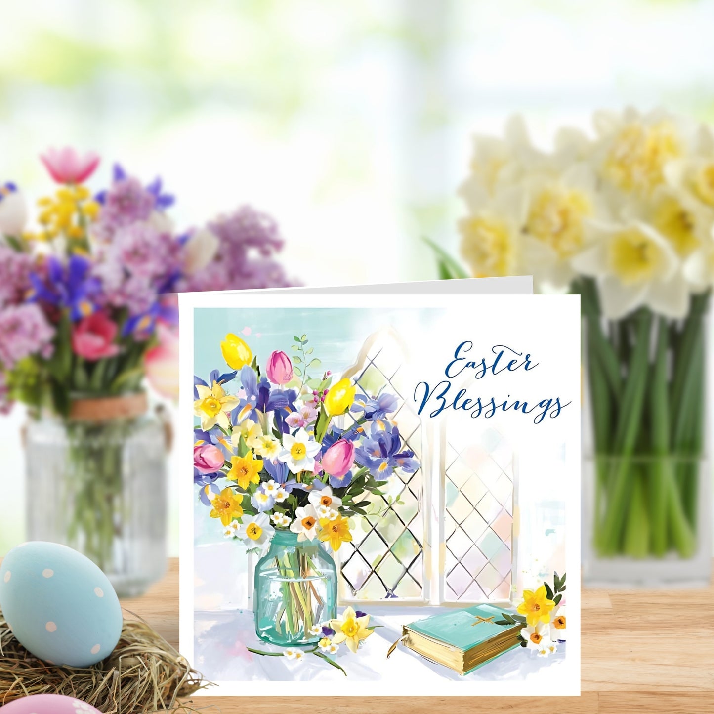 Easter Blessings Flowers & Bible By A Window Illustrated Easter Greeting Card
