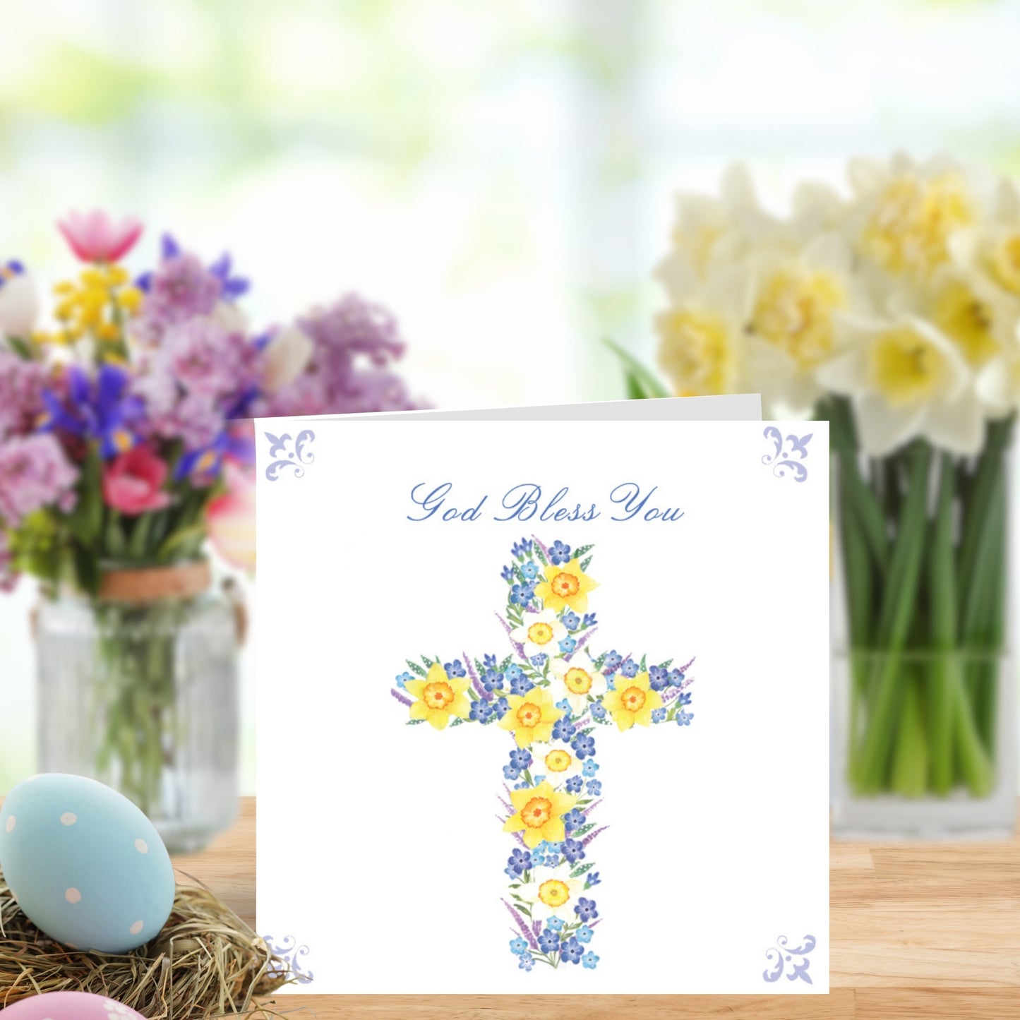 God Bless You At Easter Time Easter Cross Illustrated Easter Greeting Card
