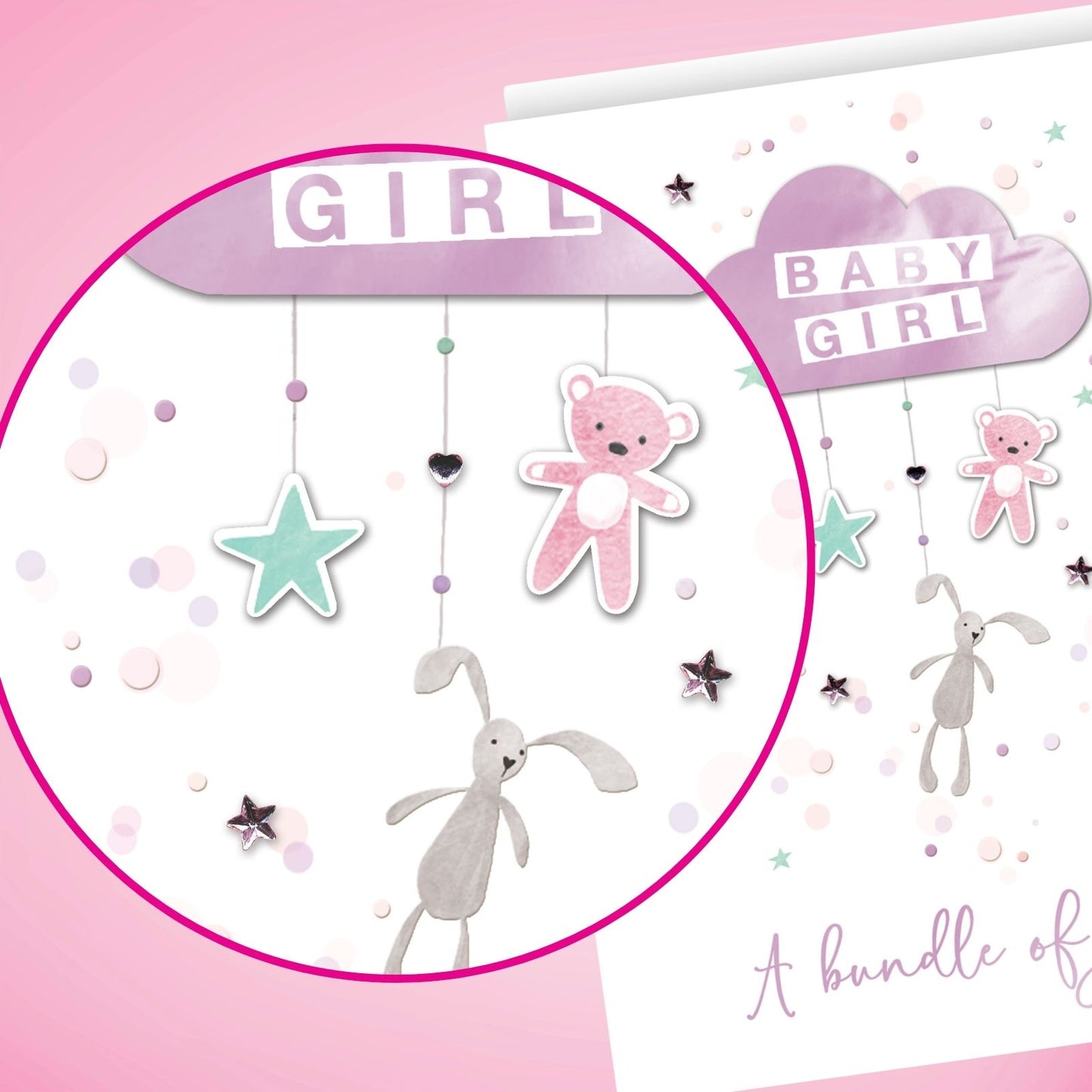 Large Embellished A4 New Baby Girl Greeting Card Congratulations Bundle of Joy
