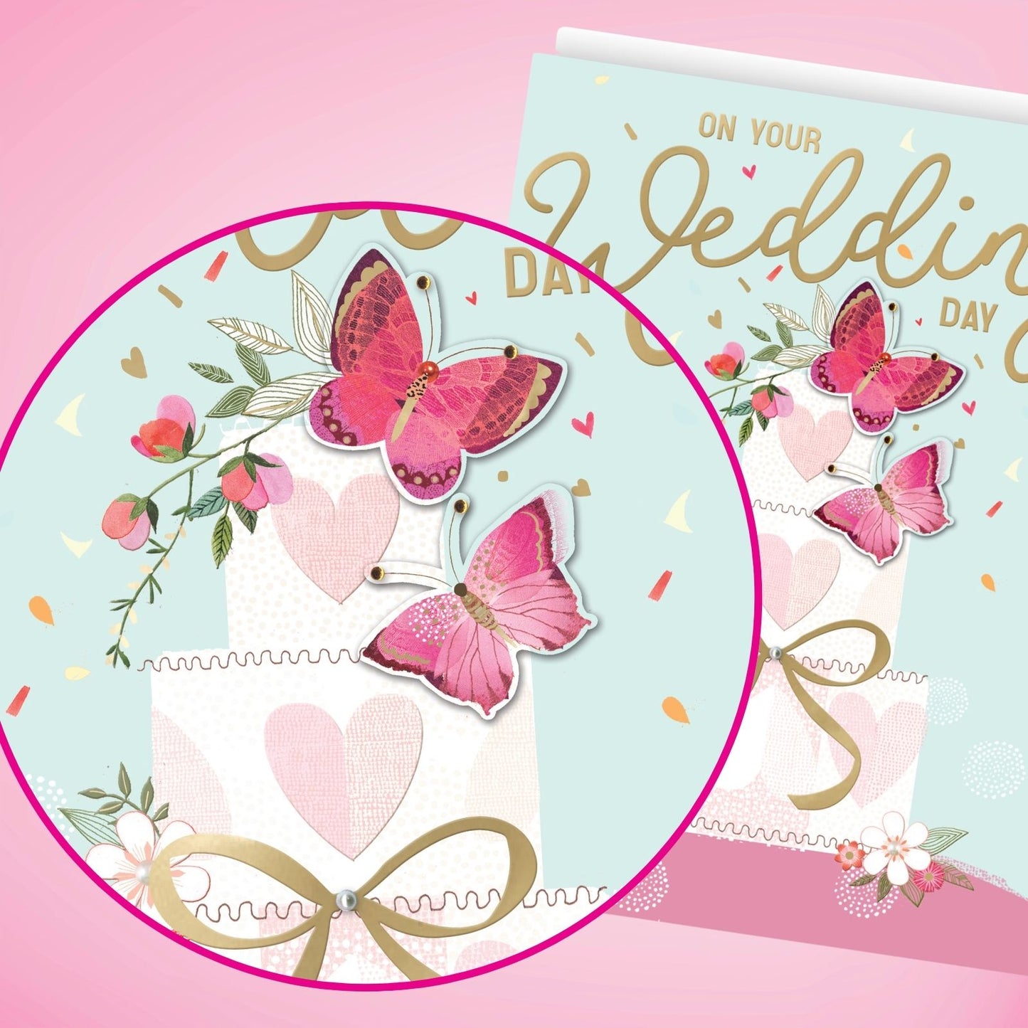 Large Embellished A4 On Your Wedding Day Greeting Card Cake With Butterflies