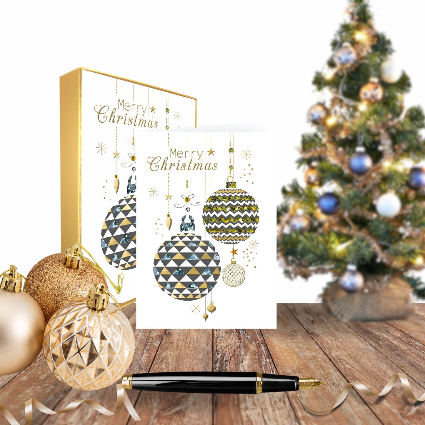 Box Of 5 Winter Glow Merry Christmas Baubles Hand-Finished Christmas Cards