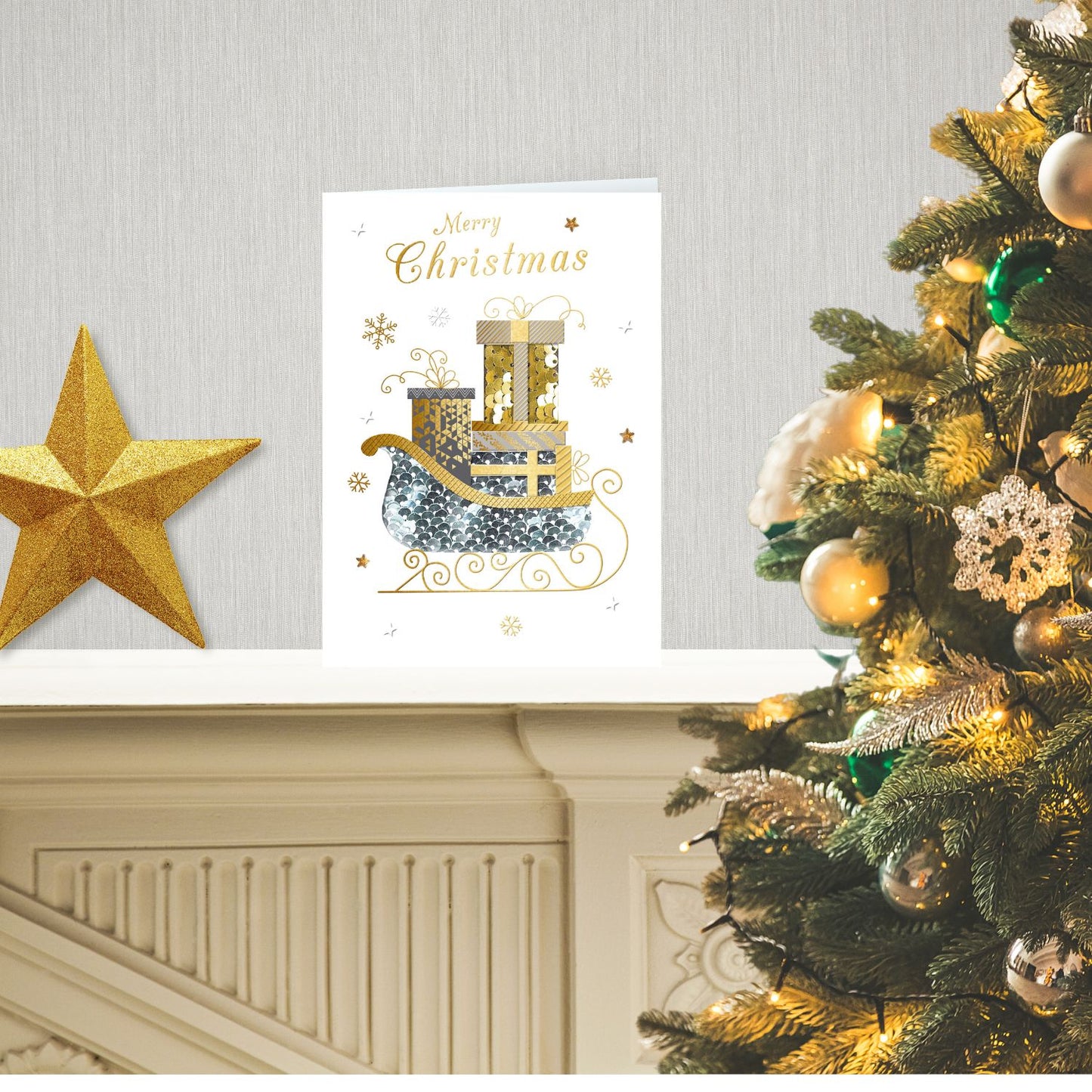 Box Of 5 Winter Glow Merry Christmas Sleigh Hand-Finished Christmas Cards