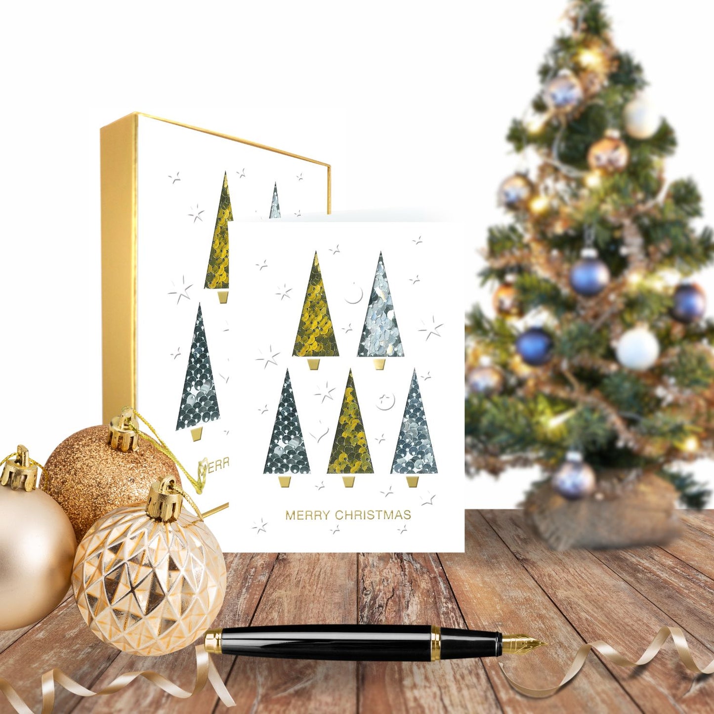 Box Of 5 Winter Glow Merry Christmas Trees Hand-Finished Christmas Cards