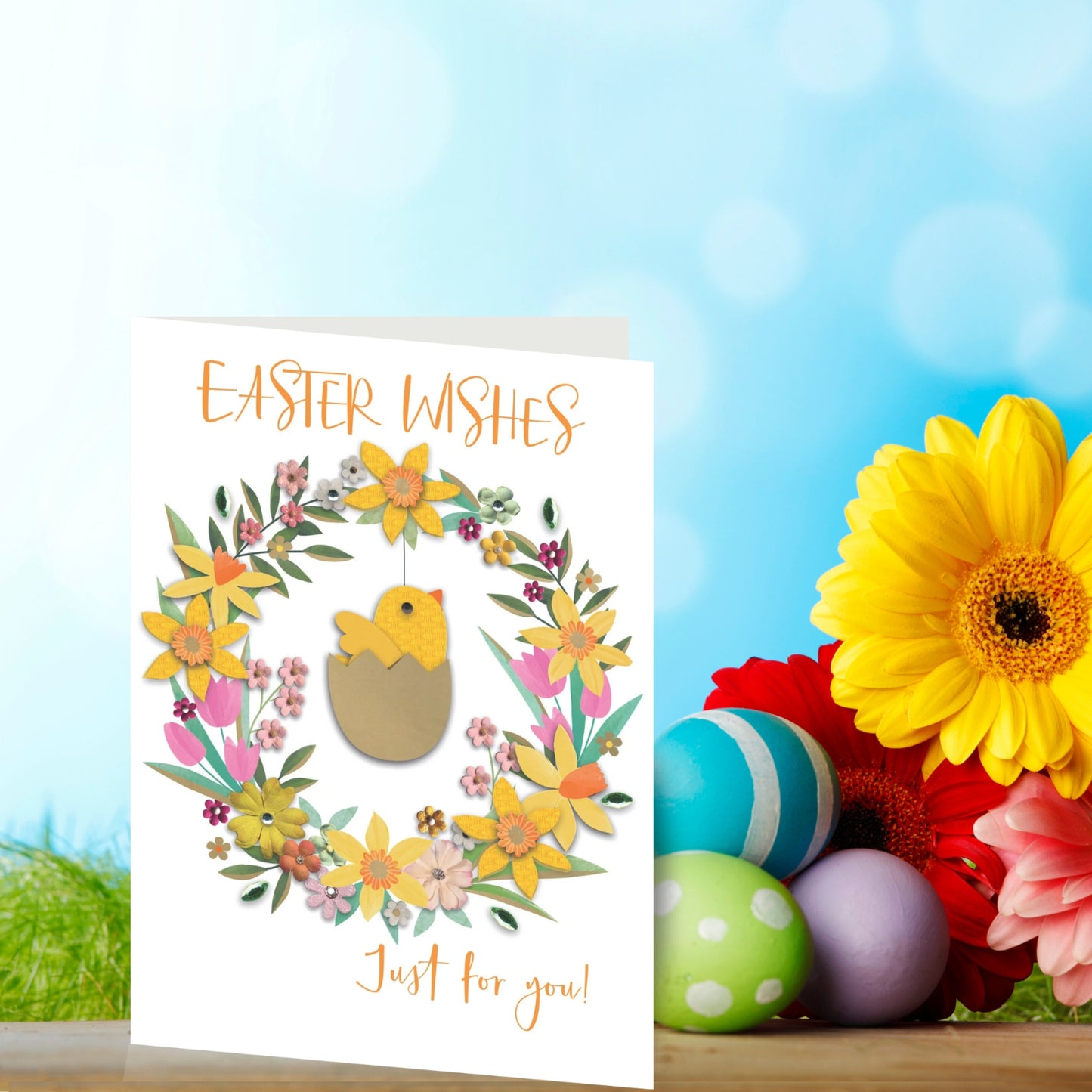 Embellished Easter Wishes Just For You! Floral Wreath Hand-Finished Easter Card