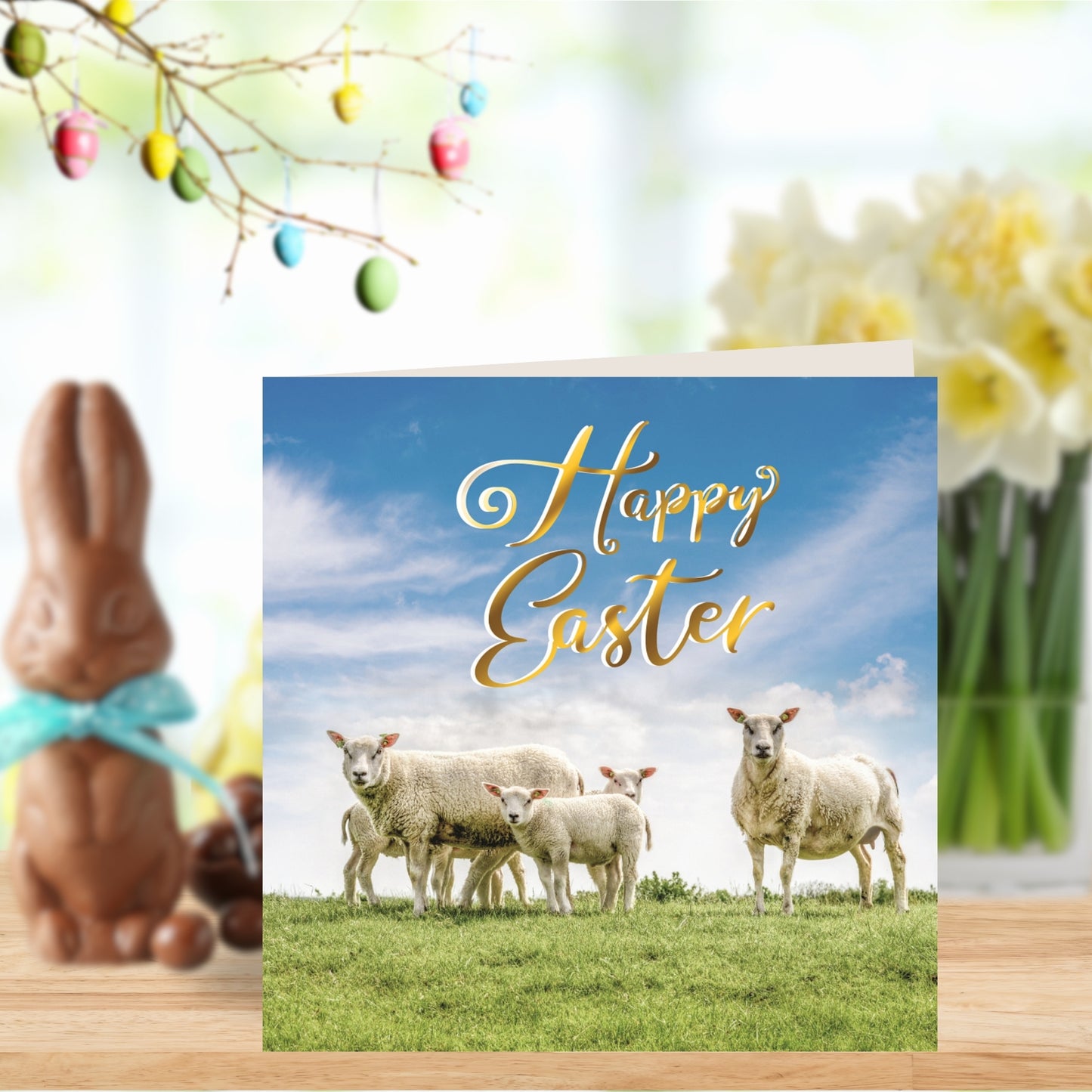 Sheep & Lambs Eating Grass Photographic Easter Greeting Card