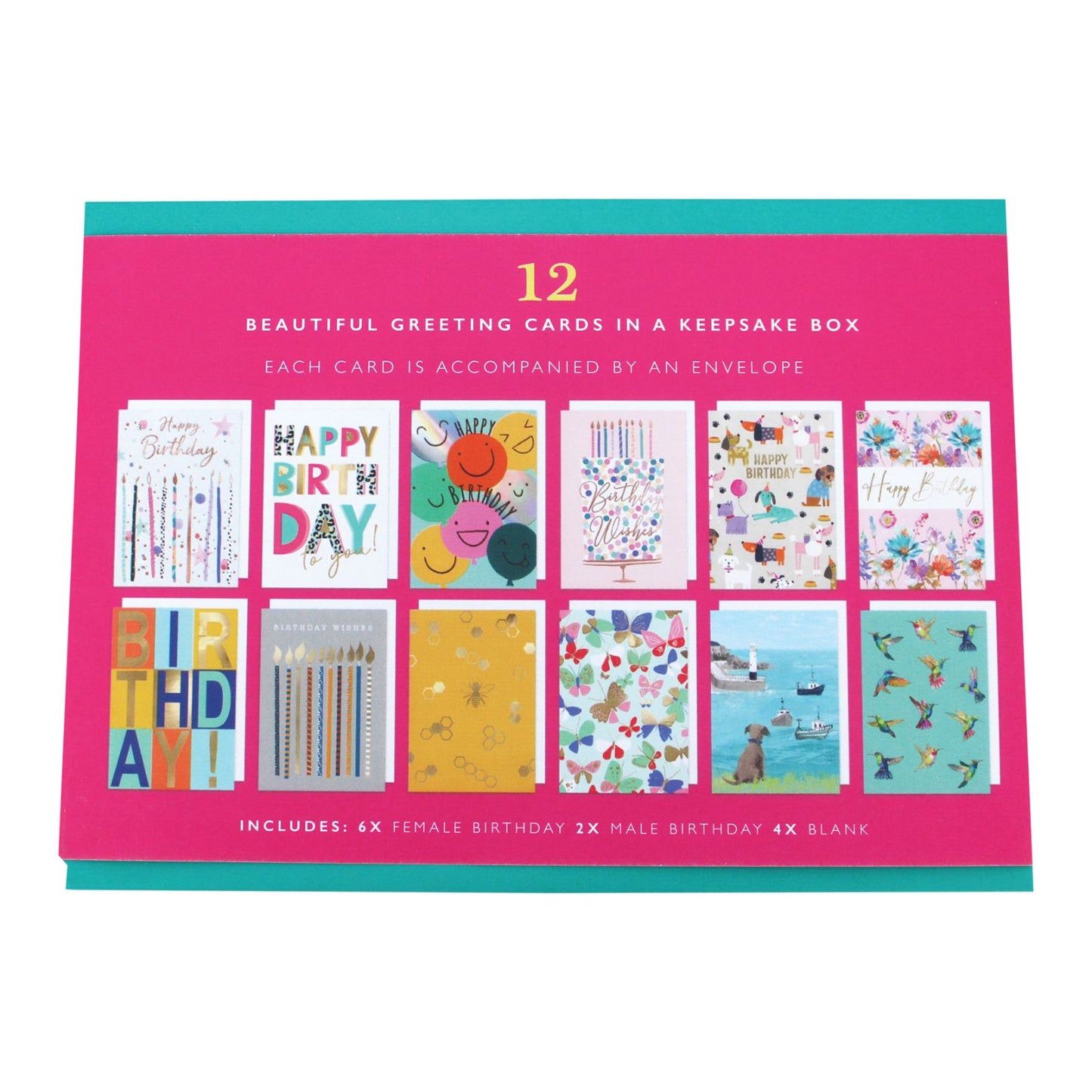 Assorted Greeting Card Box of 12 Birthday & Blank Cards In Keepsake Envelope Box