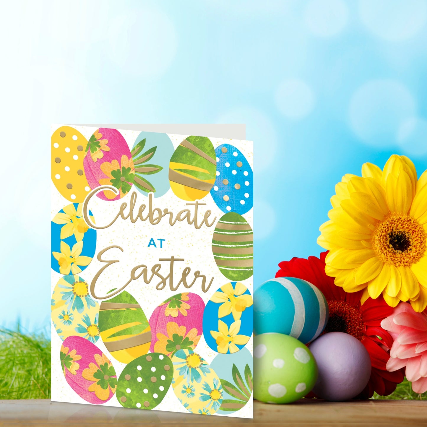 Celebrate At Easter Colourful Decorated Eggs Contemporary Easter Greeting Card