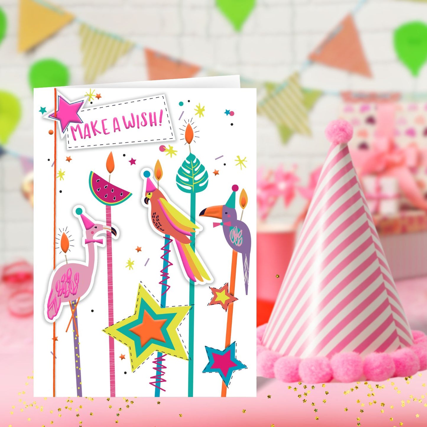 Make A Wish! Party Parrot And Flamingo Fun! Hand-Finished Birthday Greeting Card