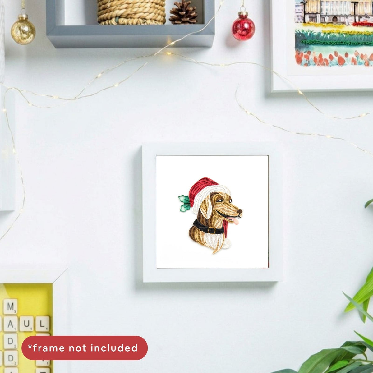 Quilling Christmas Card Dog In Santa Hat Quilled Art Hand-Finished Design