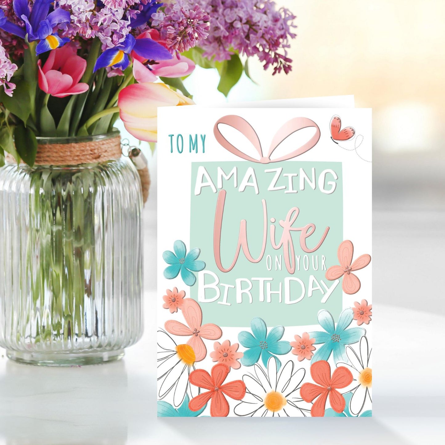 To My Amazing Wife Floral Flutter Fun Birthday Greeting Card