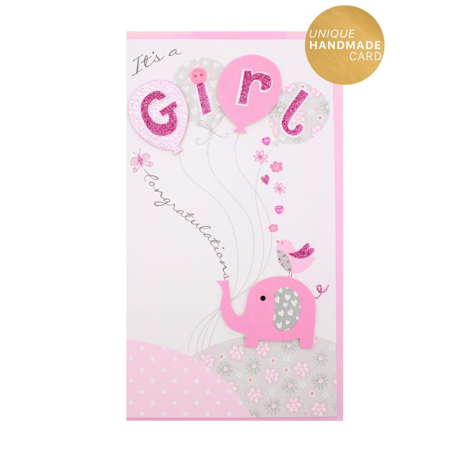 It's a Girl New Baby Card Champagne Hand-Finished Embellished Elephant Design