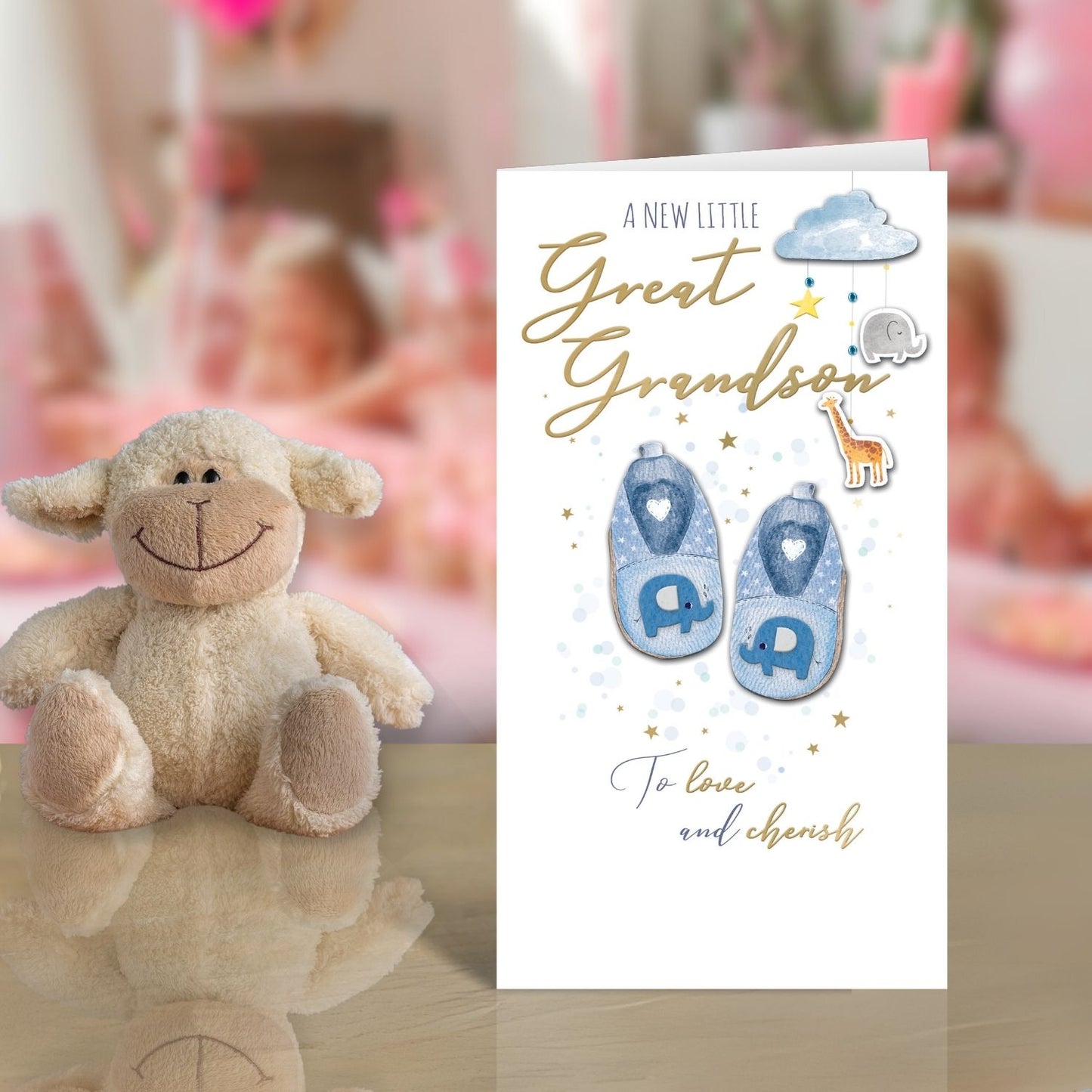 New Little Great Grandson New Baby Card Embellished Champagne Greeting Card