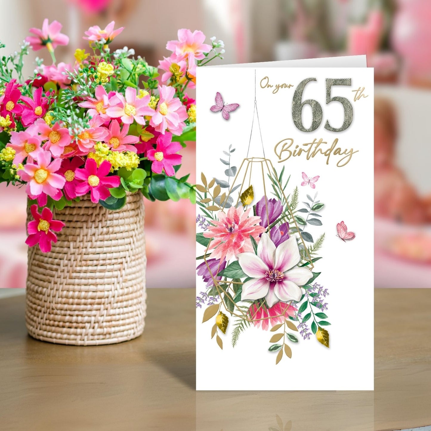 Female 65th Birthday Card Embellished Floral Terrarium Champagne Greeting Card