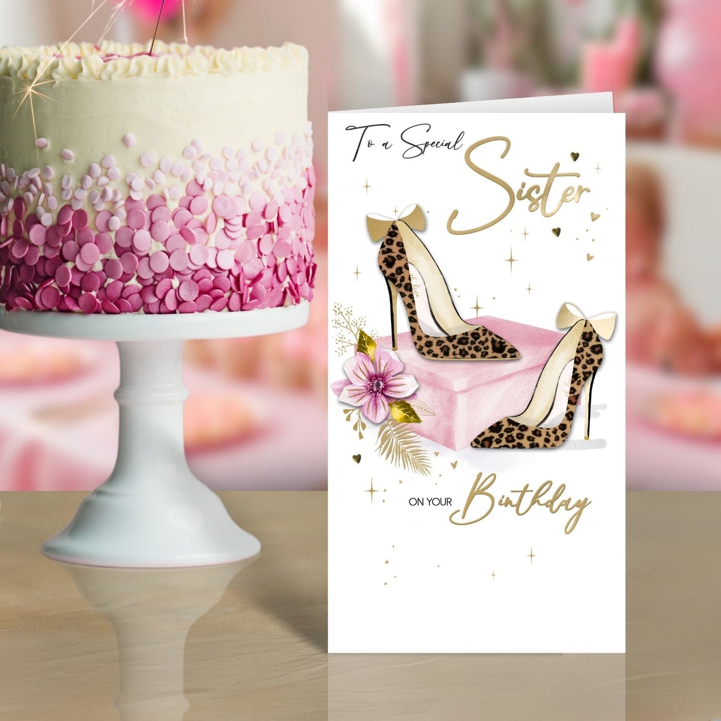 Special Sister Birthday Card Embellished High Heels Champagne Greeting Card
