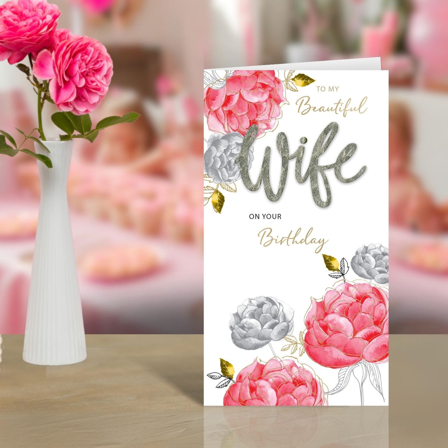 Beautiful Wife Birthday Card Embellished & Foiled Roses Champagne Greeting Card