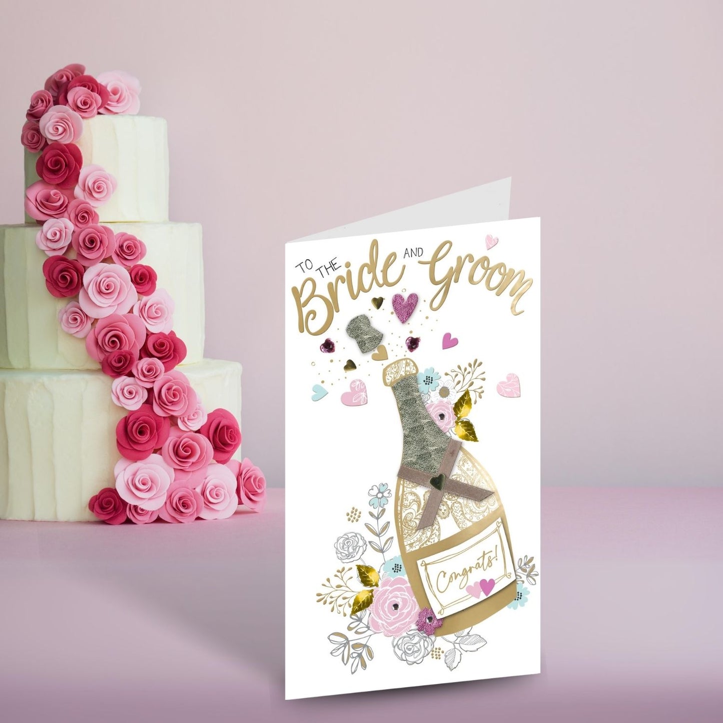 Congratulations Bride & Groom Wedding Day Card Embellished Champagne Greeting Card