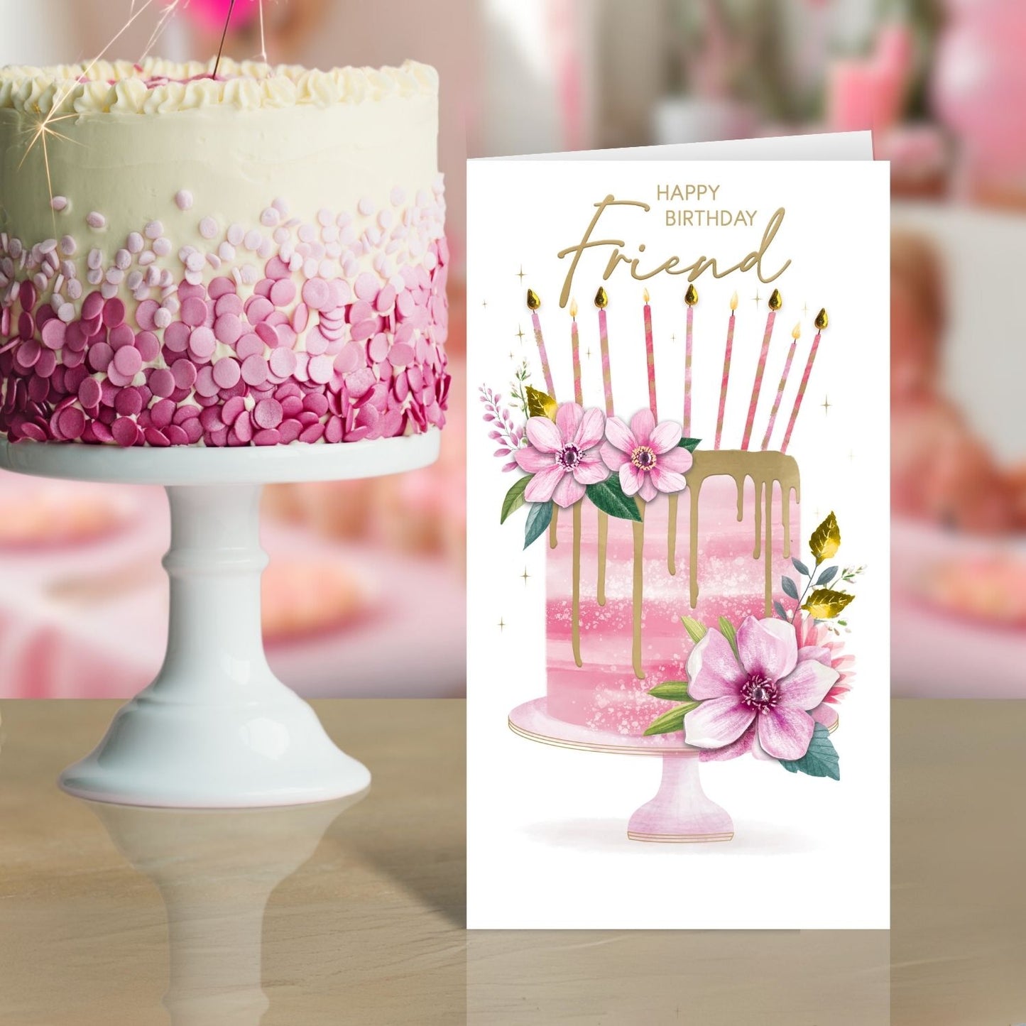 Happy Birthday Friend Embellished Floral Birthday Cake Champagne Greeting Card