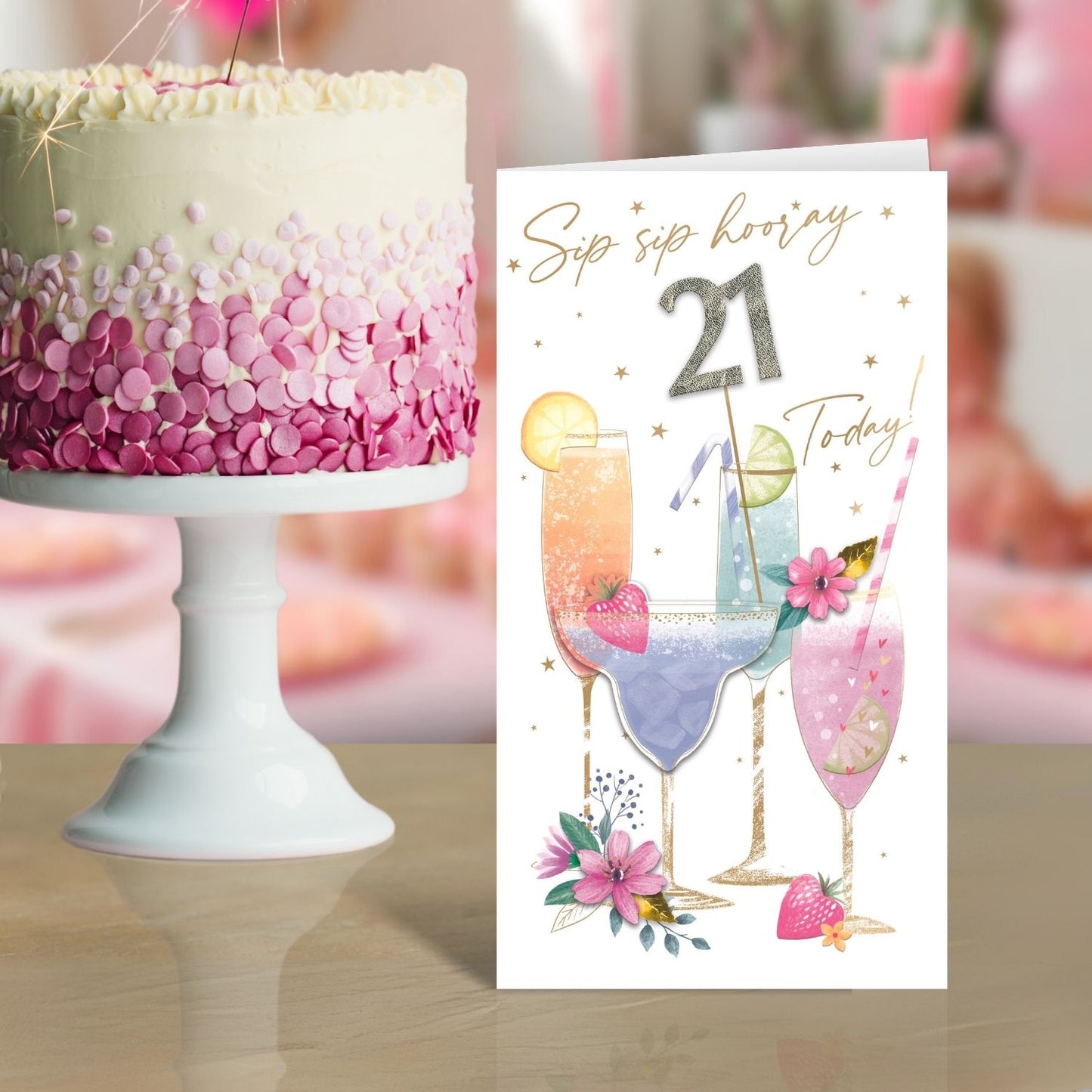 Female 21st Birthday Card Embellished Cocktails Champagne Greeting Card